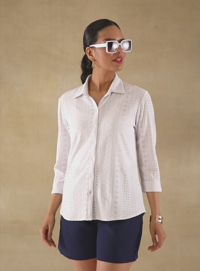 White Linear Schiffli Knit Shirt