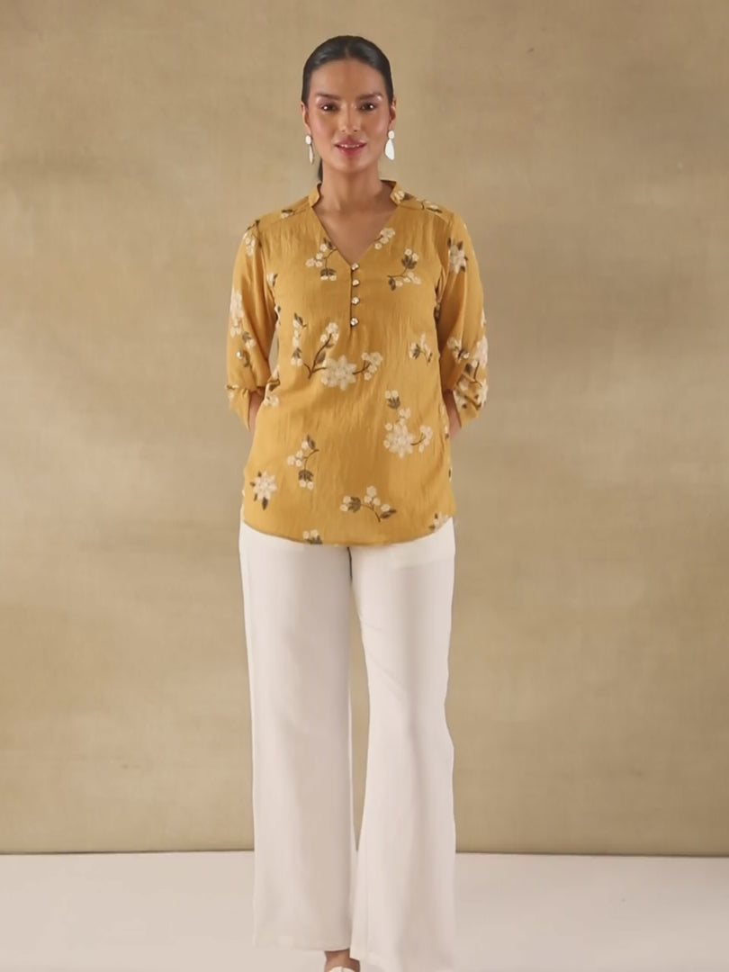 Mustard White Floral Print Cotton Top