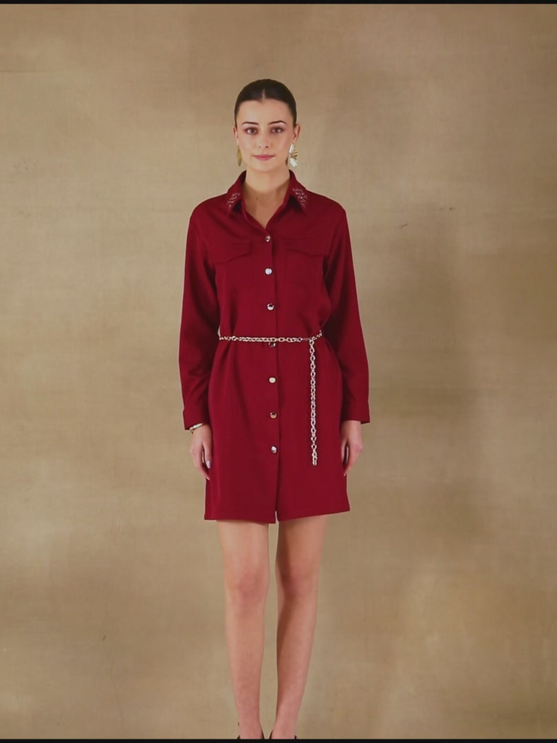 Sequins Collar Maroon Shirt Dress