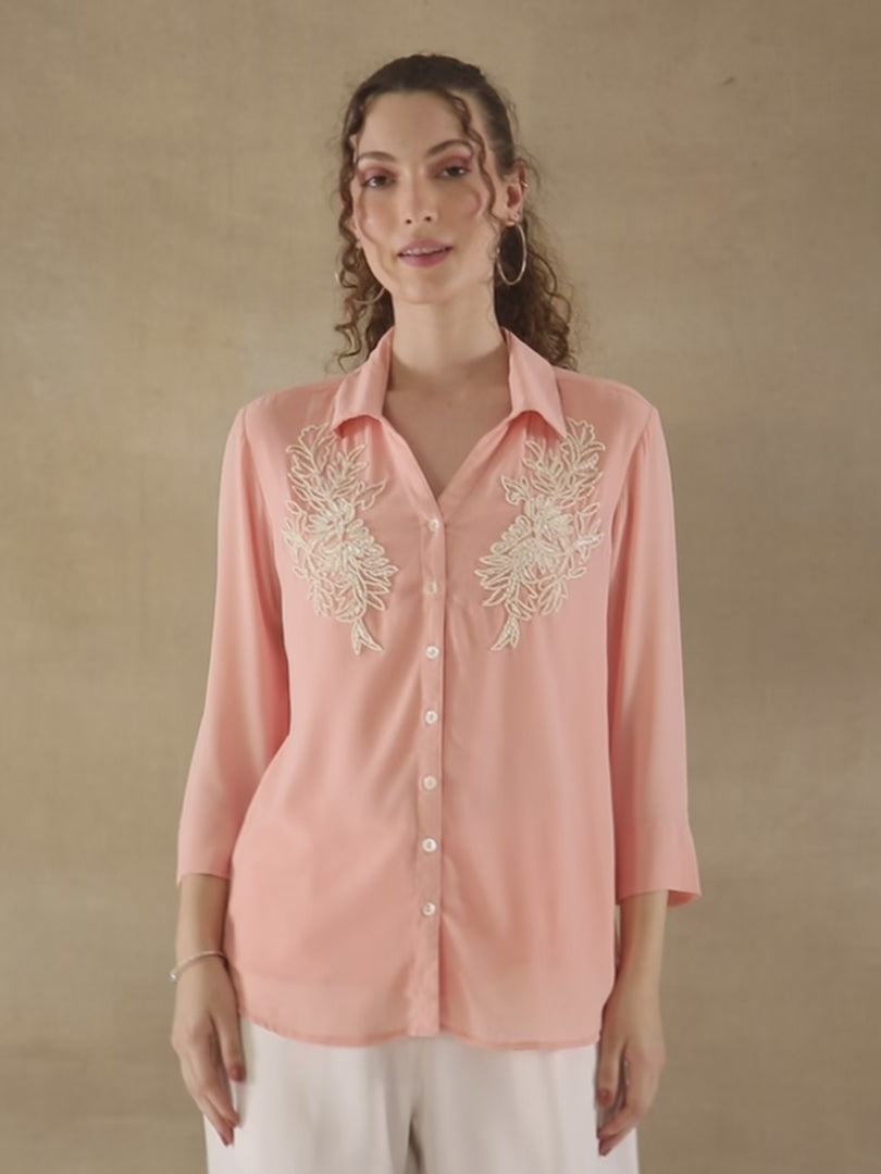White Bead Embellished Peach Shirt