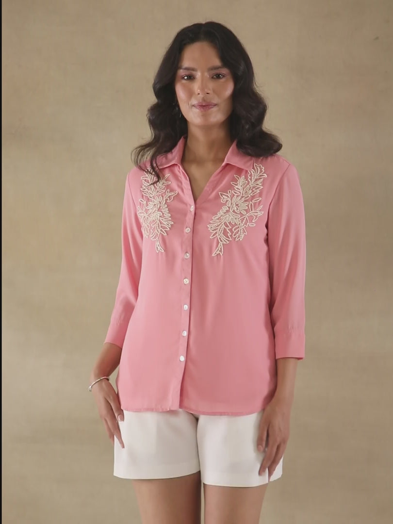 White Bead Embellished Light Pink Shirt
