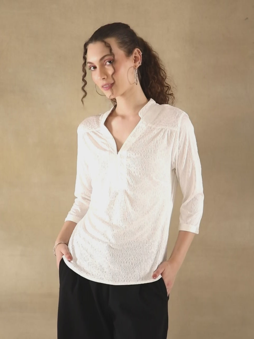 Knitted Half Band Collar White Top
