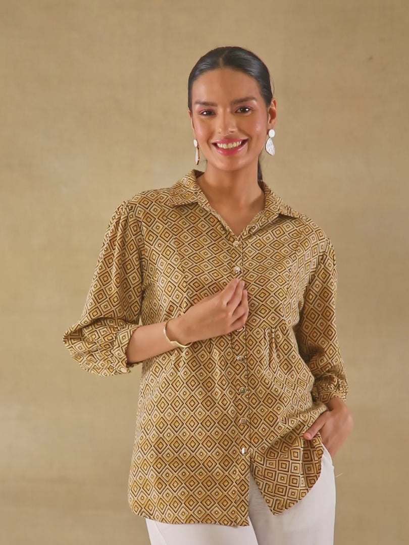 Mustard Diamond Print Linen Shirt