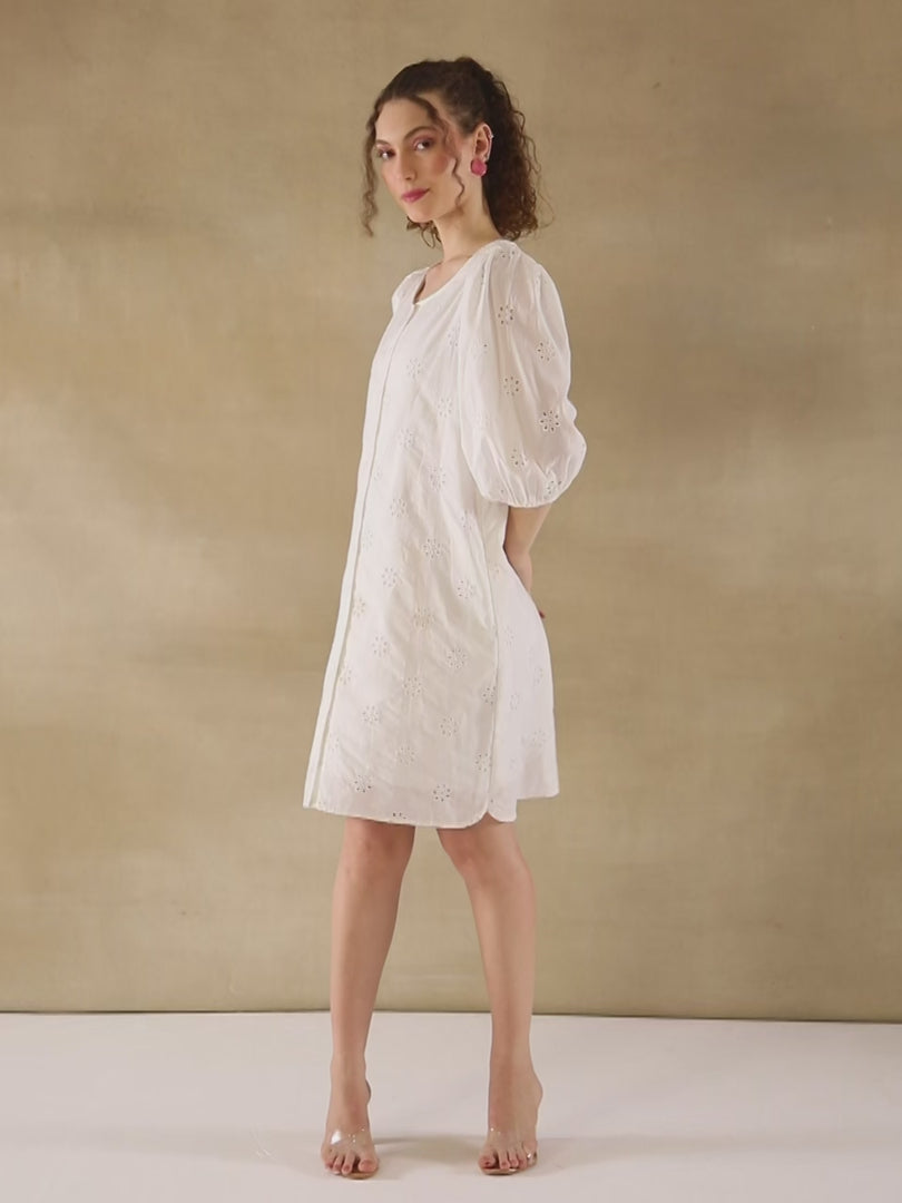 White Cotton Schiffli Puff Sleeve Dress