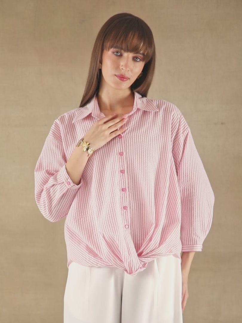 Gingham Front Knot Pink Shirt