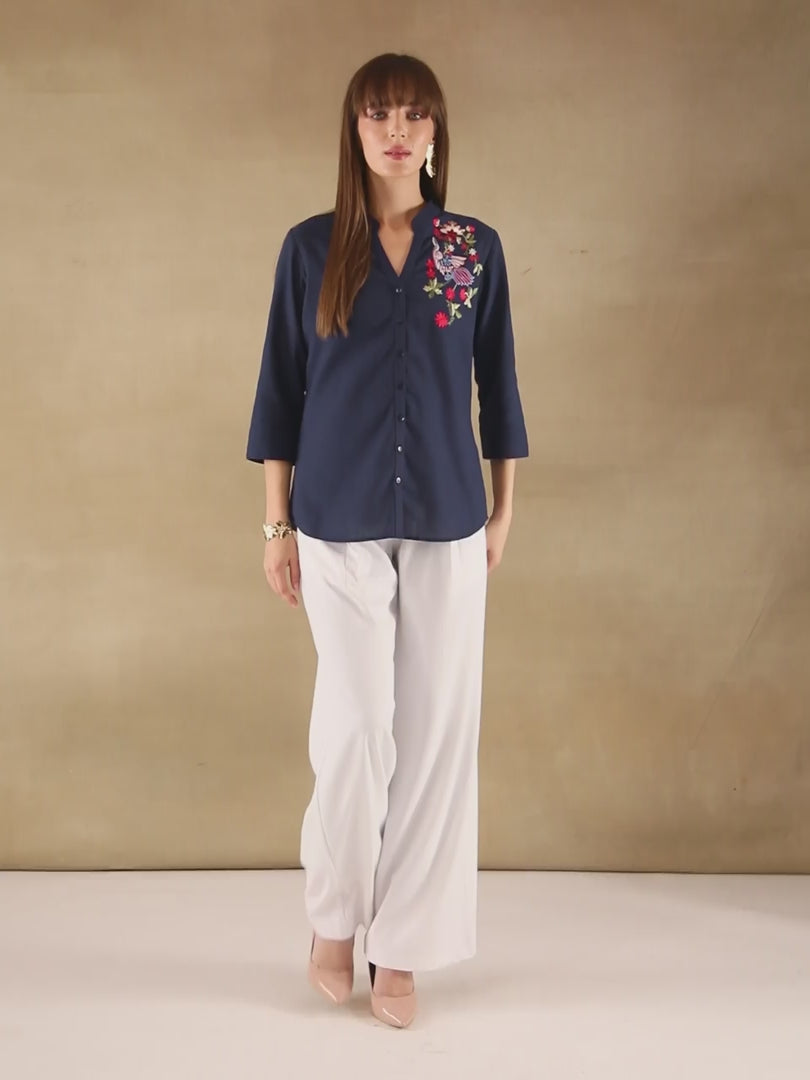Linen Bird Embroidered Navy Shirt