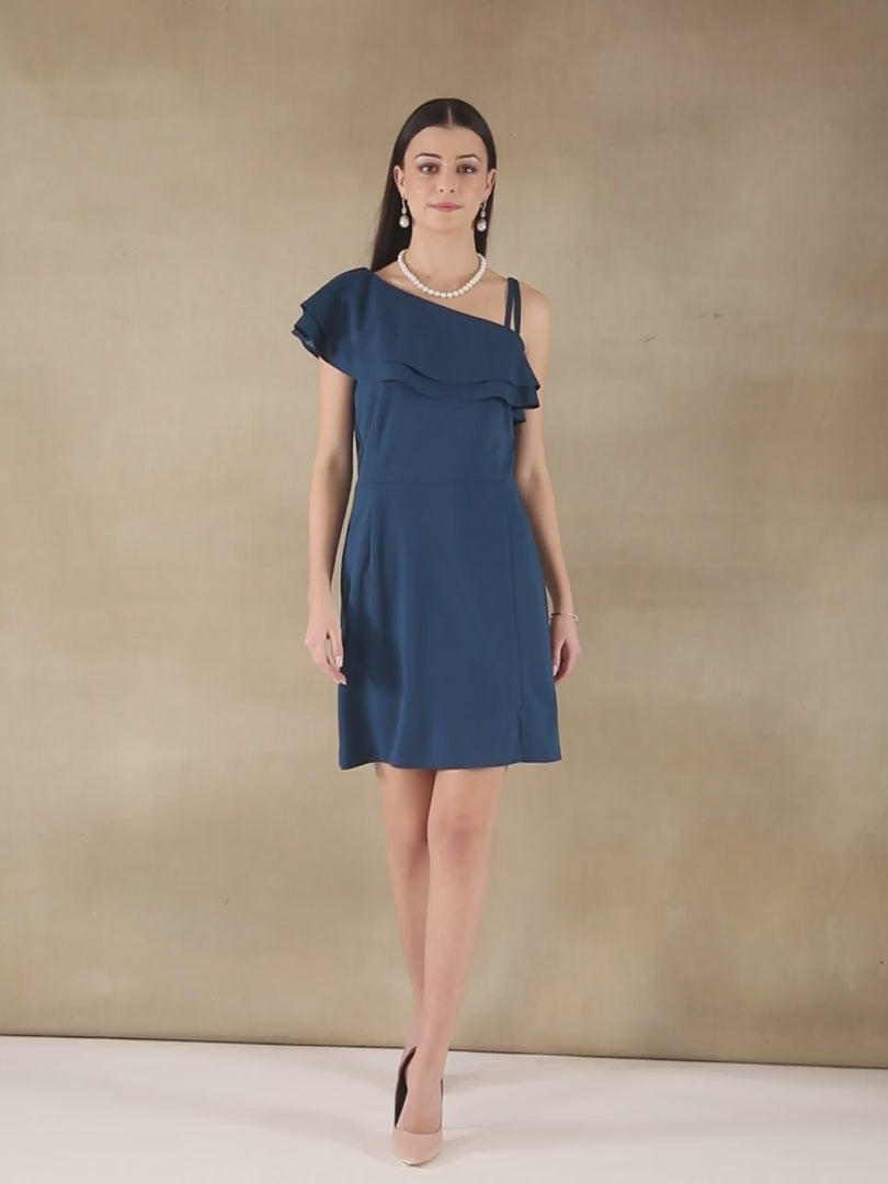 Marine One Shoulder Frill Dress