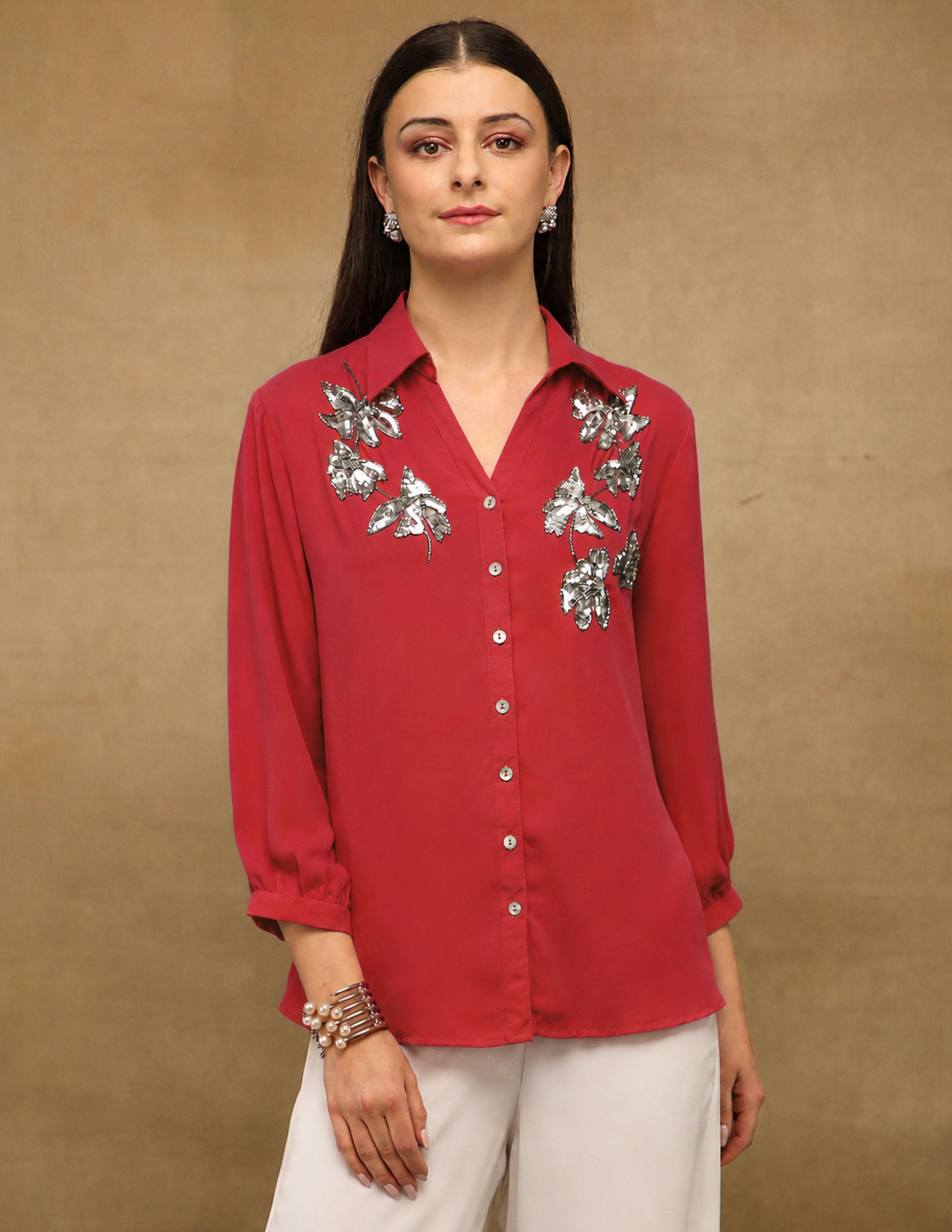 Butterfly Sequin Tomato Red Shirt (Copy)