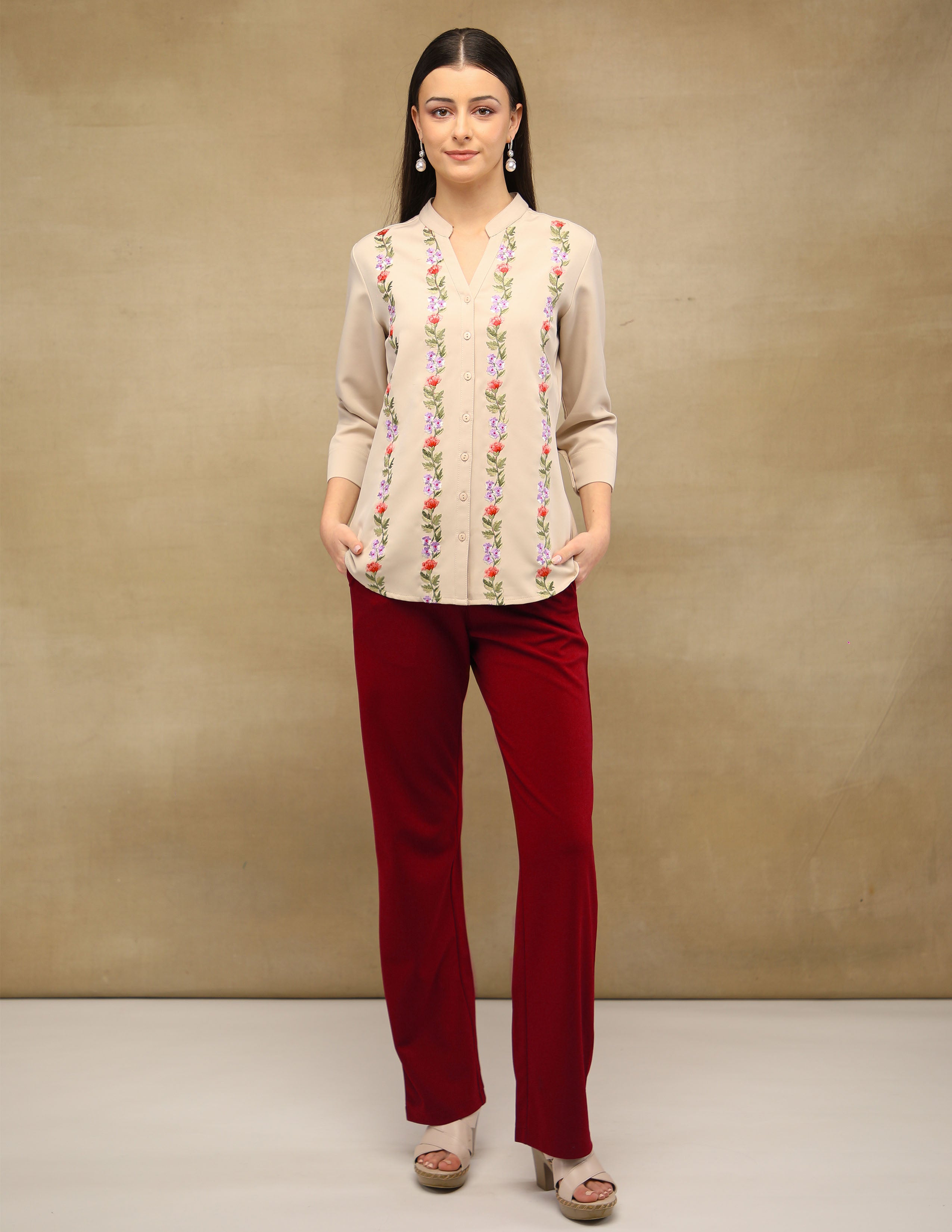 Maroon High Waist Straight Leg Pants