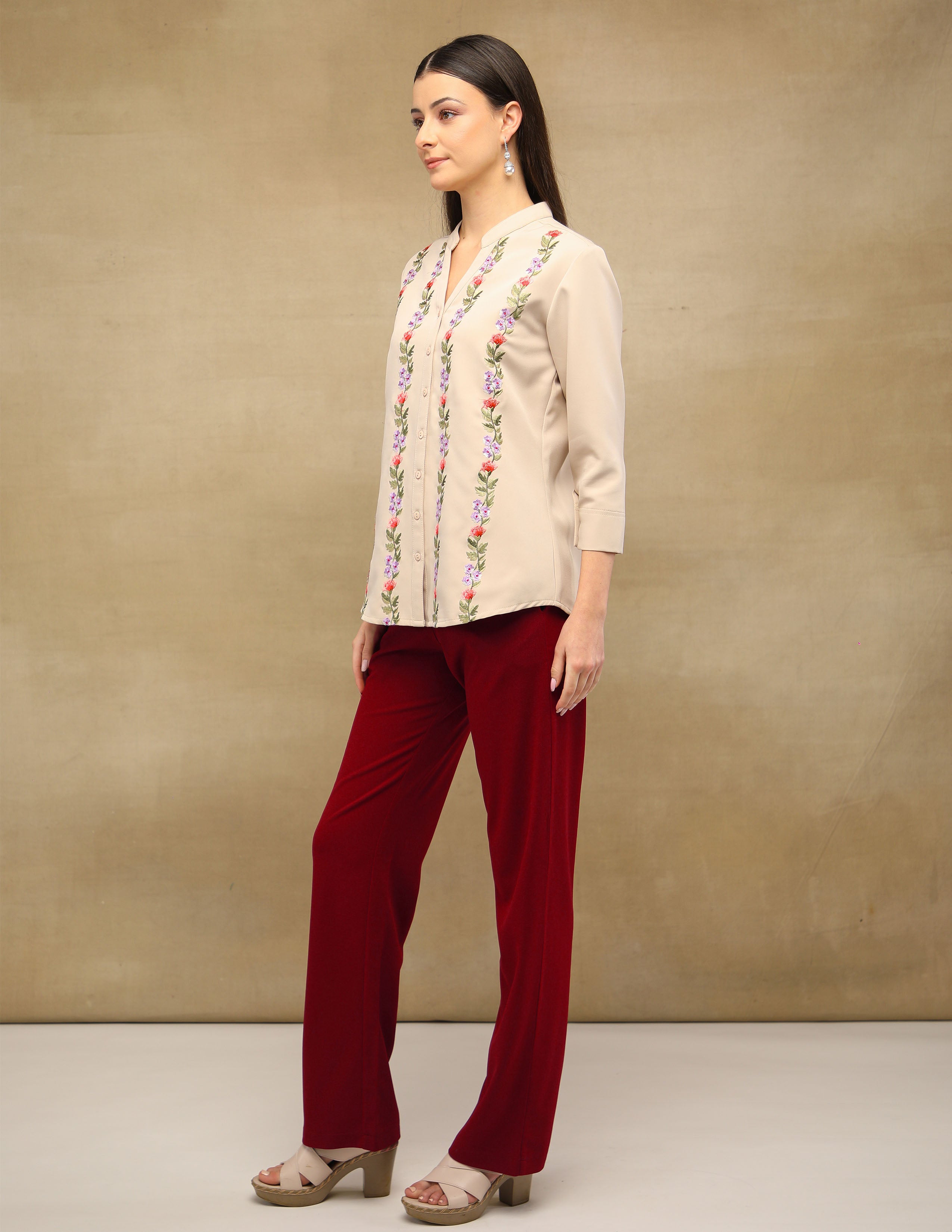 Maroon High Waist Straight Leg Pants