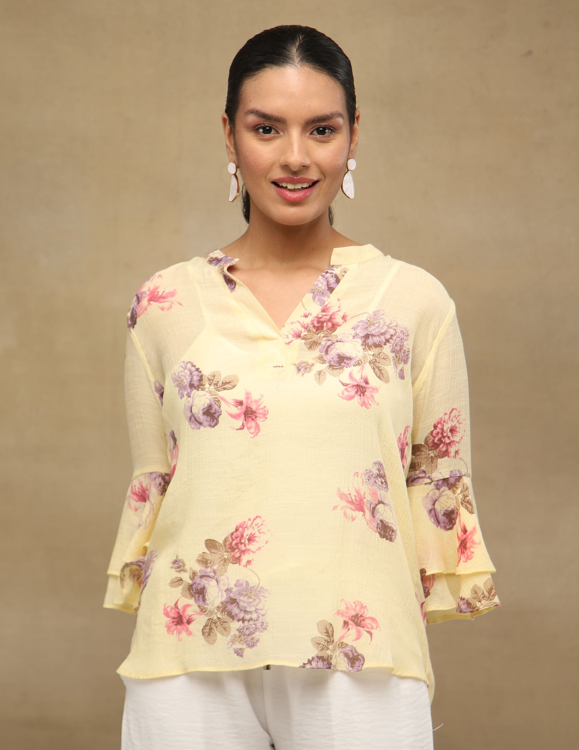 Butter Yellow Floral Printed Bell Sleeve Top