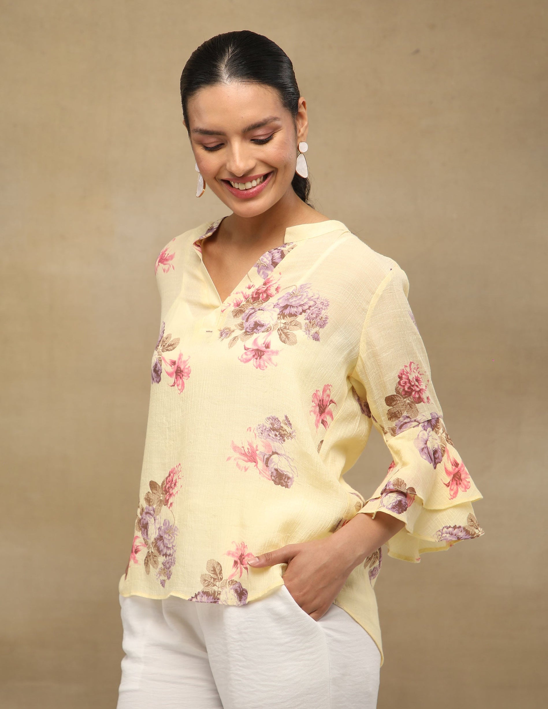 Butter Yellow Floral Printed Bell Sleeve Top