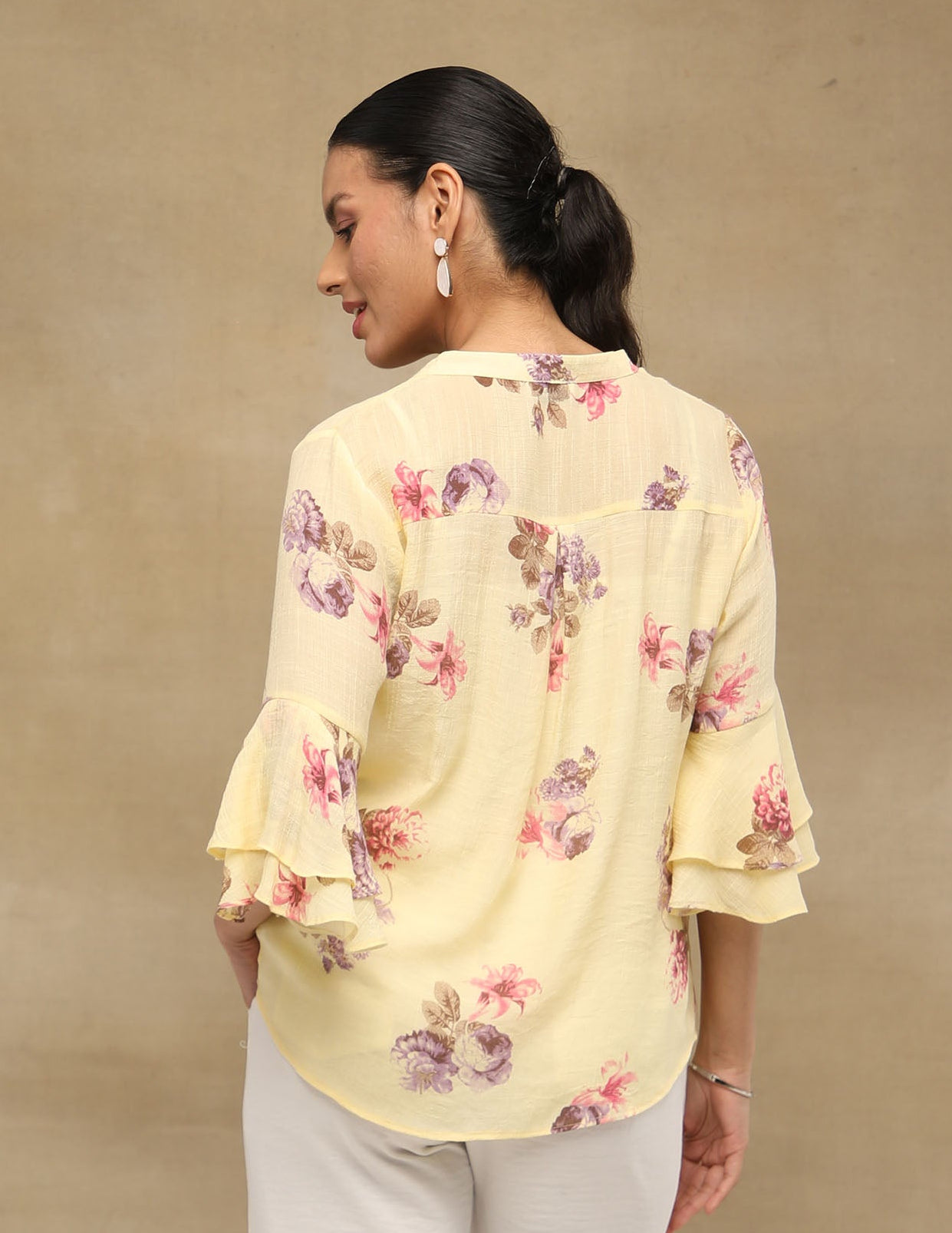 Butter Yellow Floral Printed Bell Sleeve Top